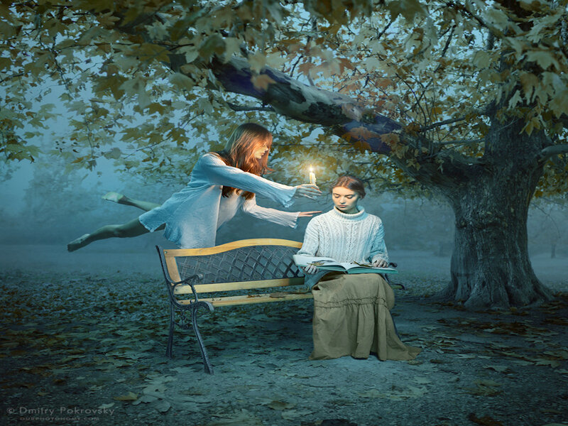 Woman Reading on Bench — Blue, Mysterious