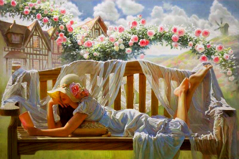 Woman Reading on Bench — Blue, Serene