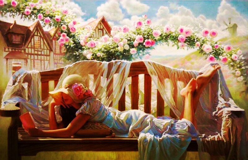Woman Reading on Bench — Pink
