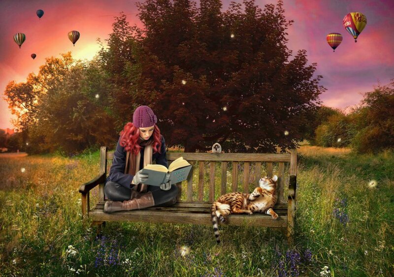 Woman Reading on Bench — Purple