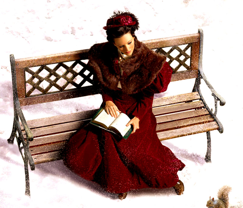 Woman Reading on Bench — Red