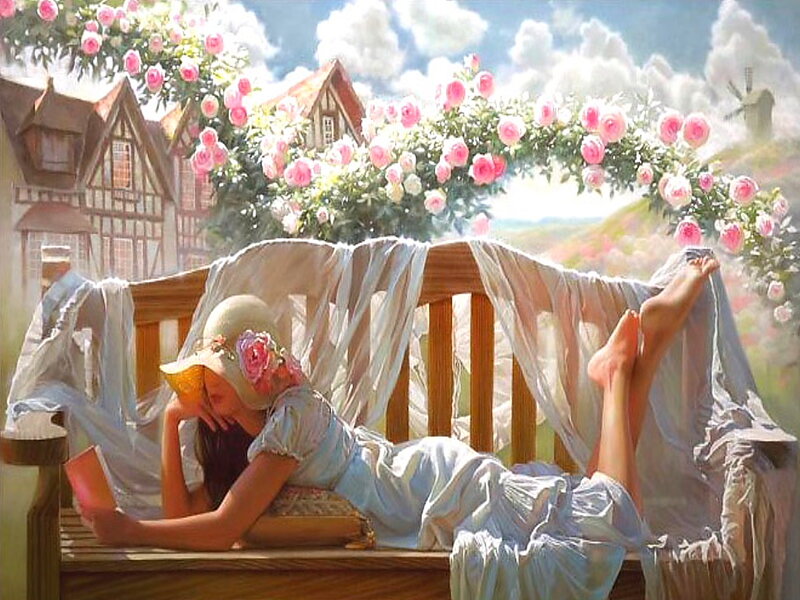 Woman Reading on Bench — White, Serene