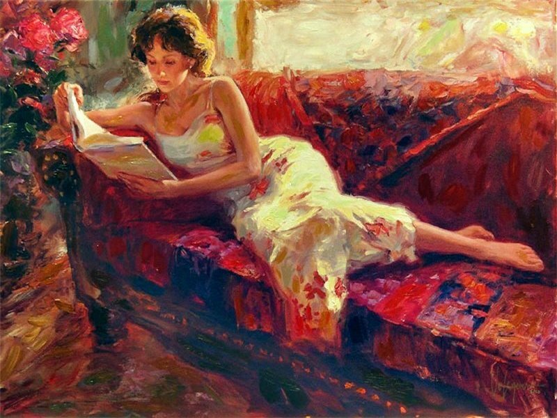 Woman Reading on Couch — Red, Relaxed