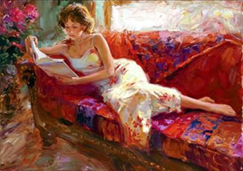 Woman Reading on Couch — Red