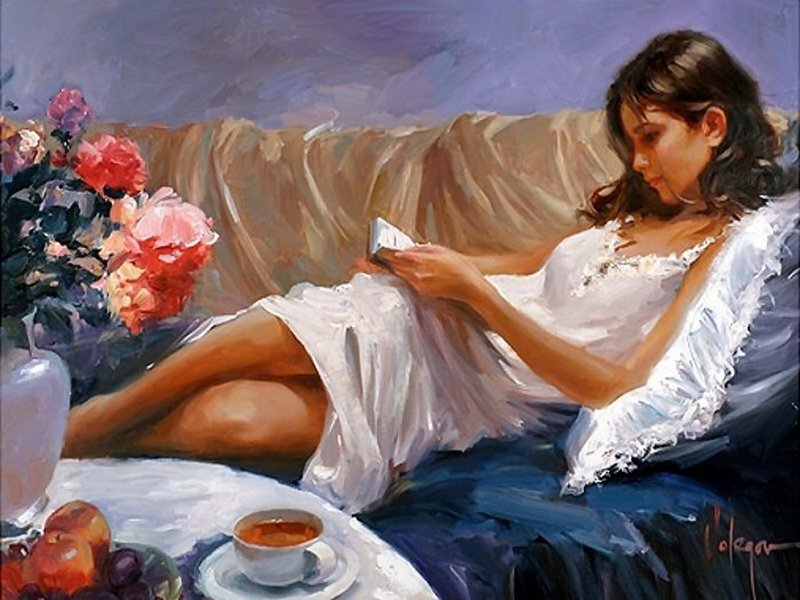 Woman Reading on Couch — White, Serene