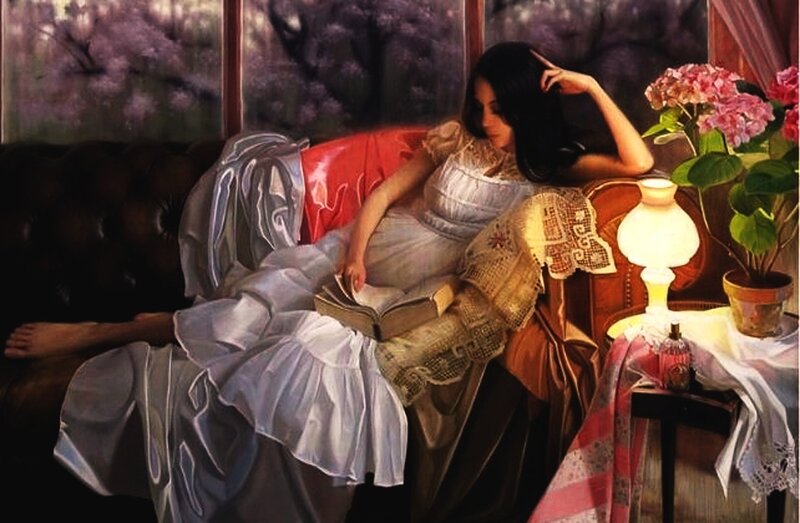 Woman Reading on Couch — White