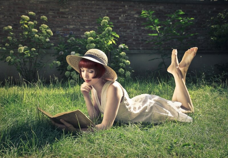 Woman Reading on Grass — Green, Serene