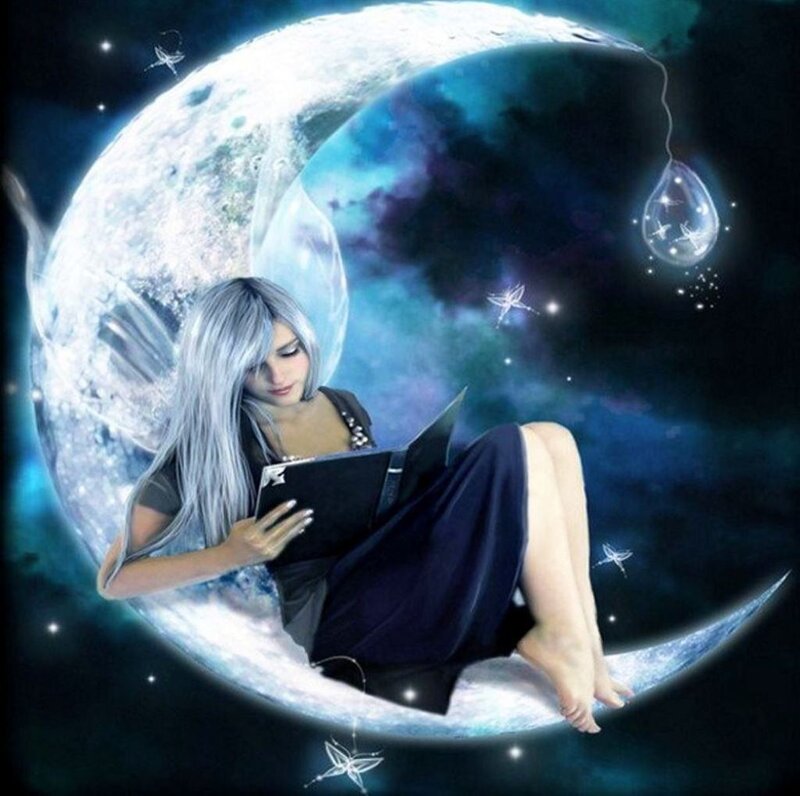 Woman Reading on Moon — Blue