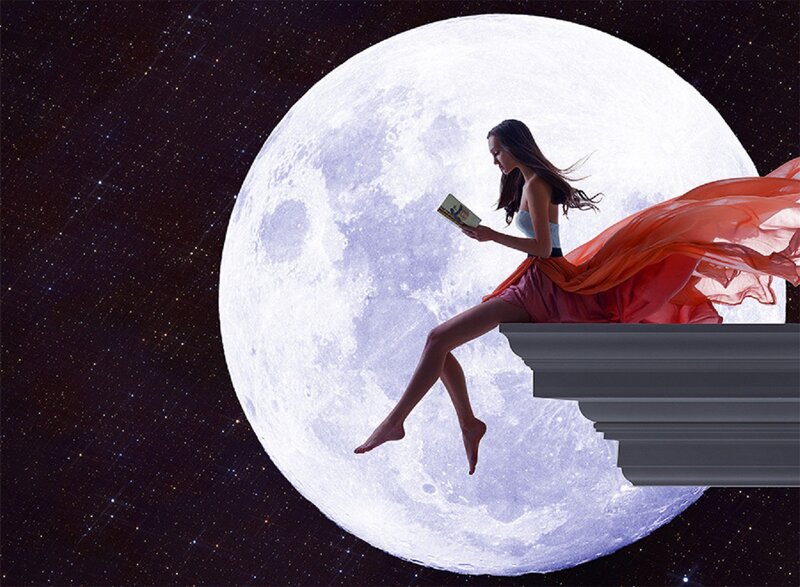 Woman Reading on Moon — White, Serene