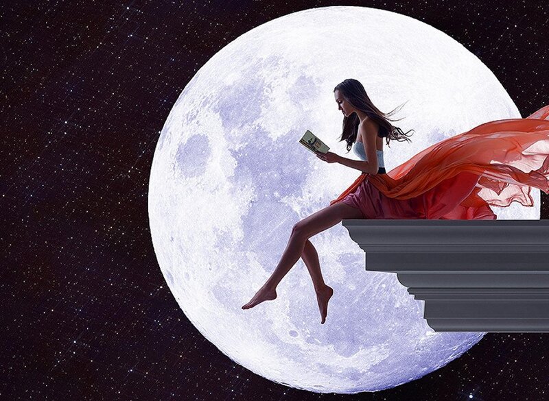 Woman Reading on Moon — White