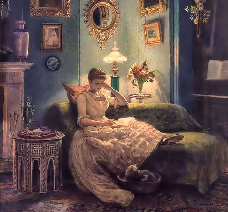 Woman Reading on Sofa — Blue