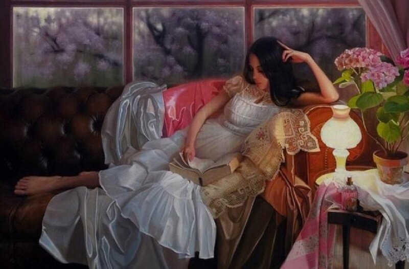Woman Reading on Sofa — White