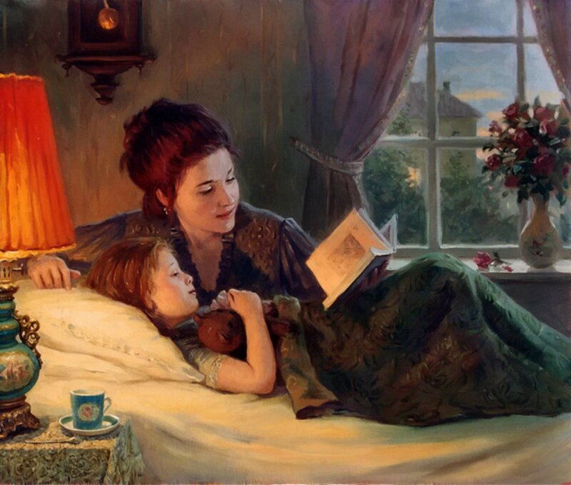 Woman Reading to Child — Green