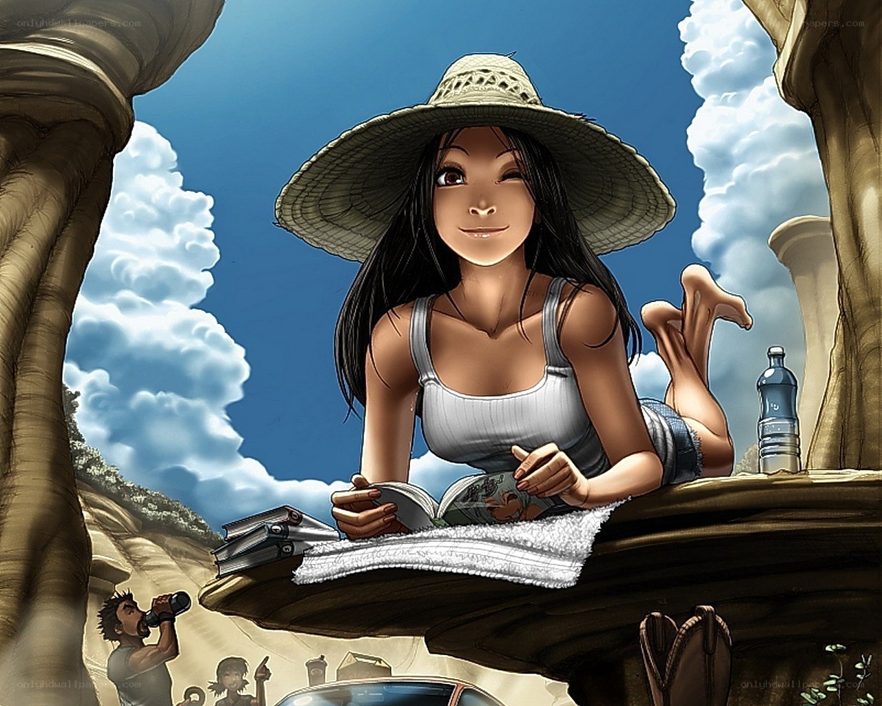 Woman reading under a hat