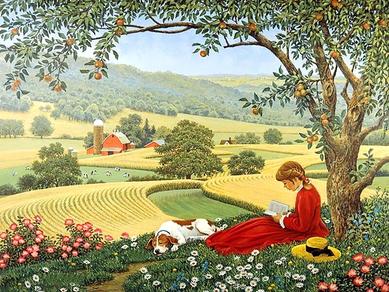 Woman Reading under Tree — Red