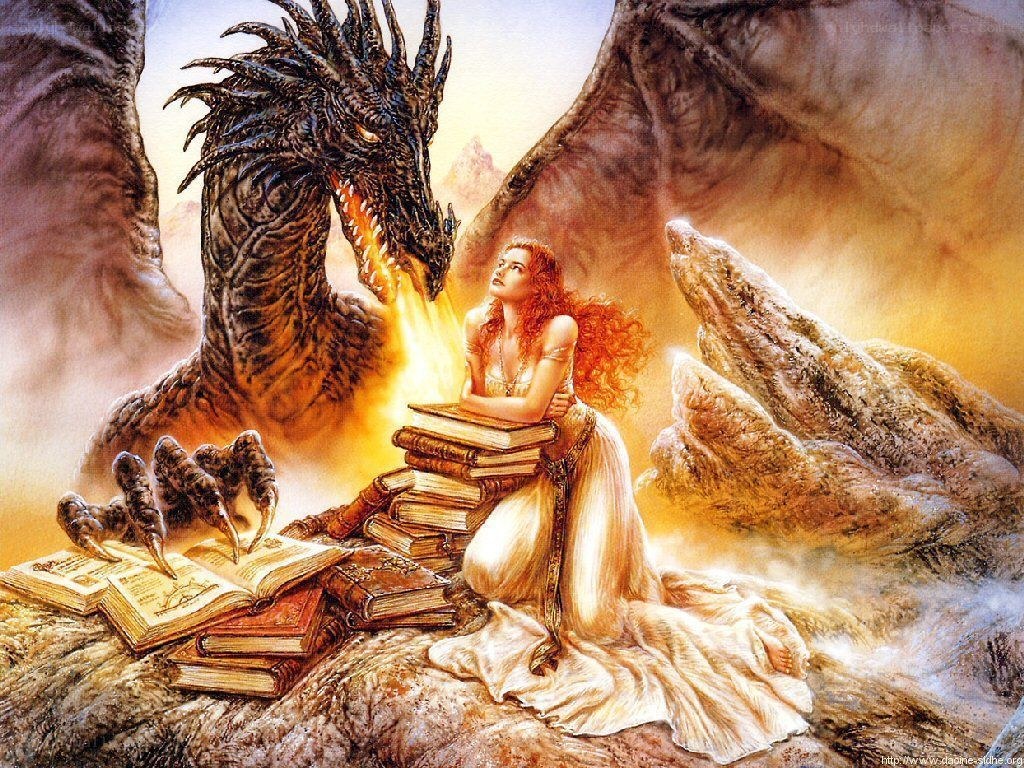 woman reading with a dragon
