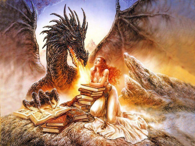 Woman reading with a dragon