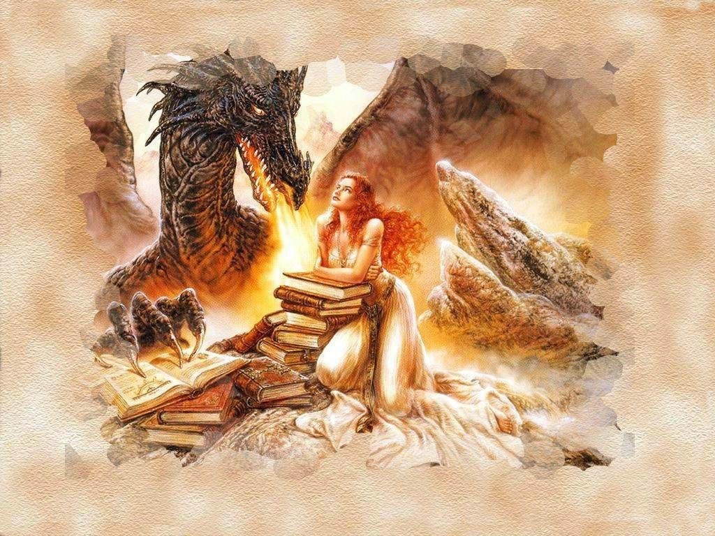woman reading with a dragon