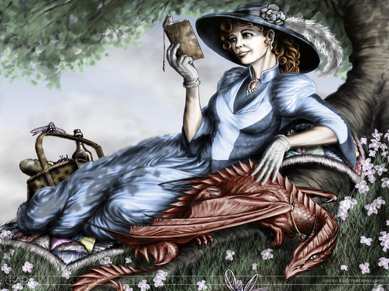 Woman Reading with Dragon — Blue