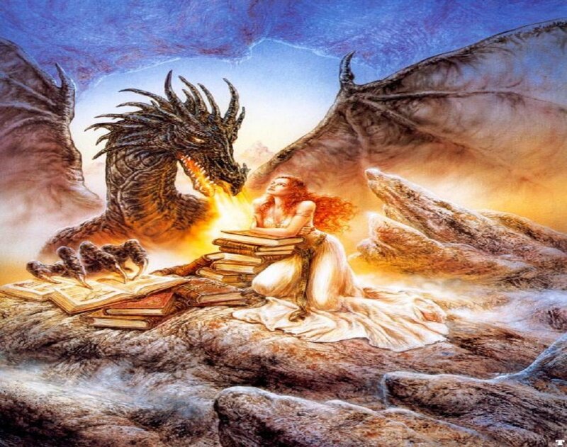 Woman Reading with Dragon
