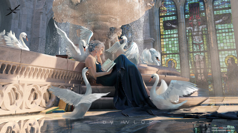 Woman Reading with Swans