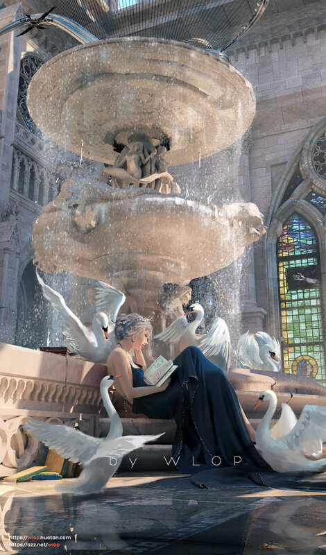 Woman Reading with Swans — White