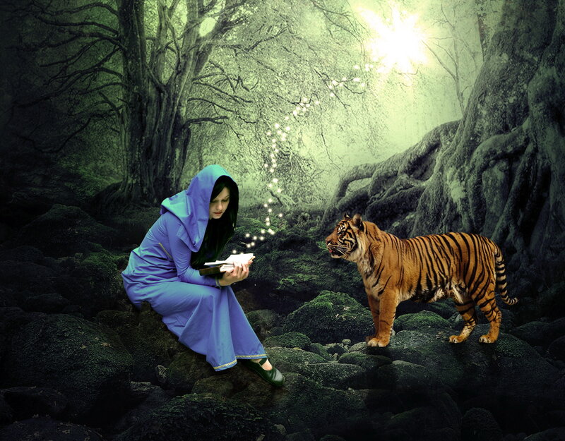 Woman Reading with Tiger — Green