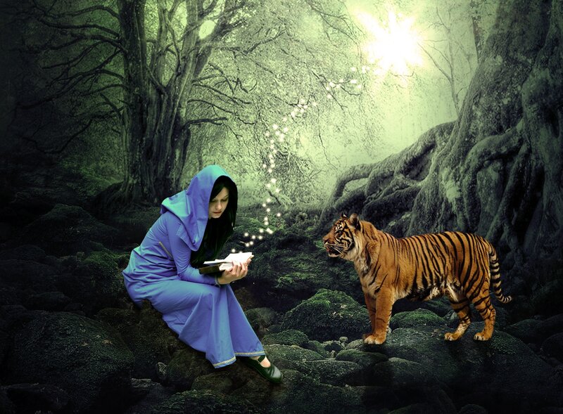 Woman Reading with Tiger