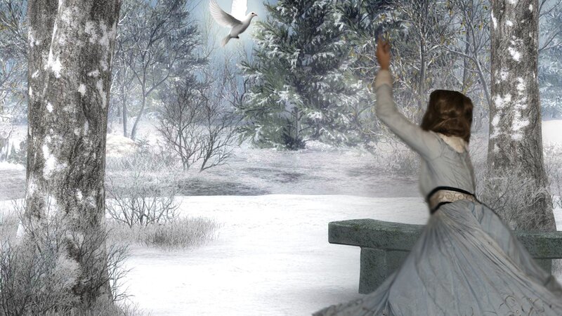 woman releasing a dove in winter