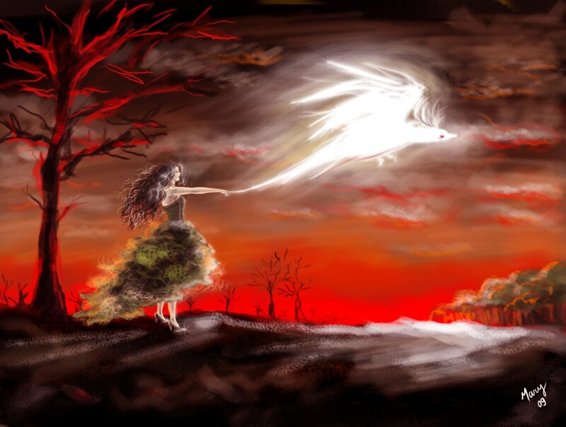 Woman Releasing Bird — Red, Dramatic