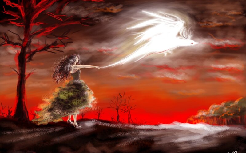 Woman Releasing Bird — Red