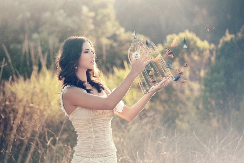 Woman Releasing Butterflies — Beige
