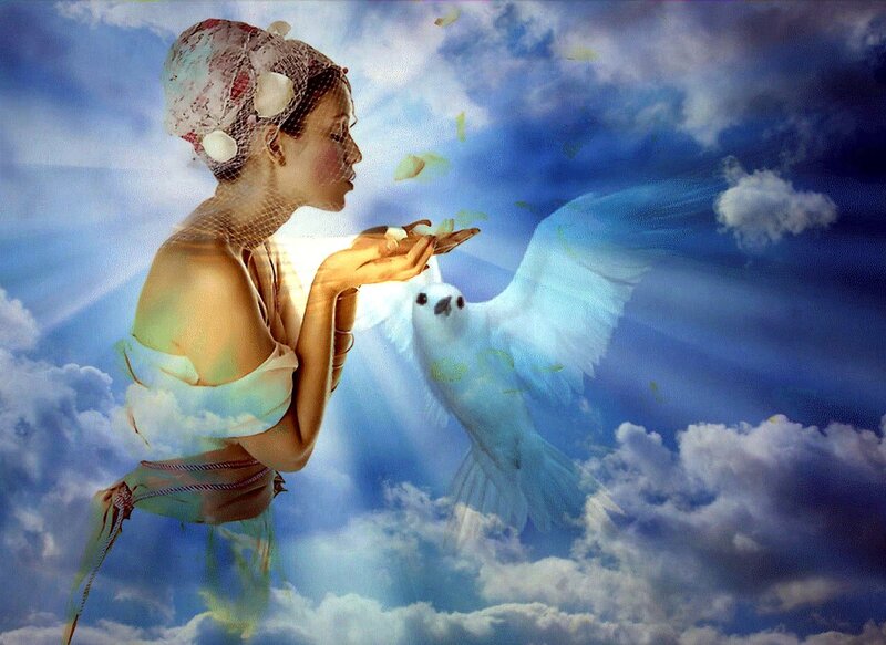 Woman Releasing Dove — Blue, Serene