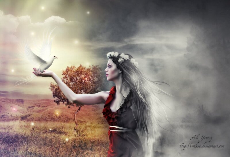 Woman Releasing Dove — Red