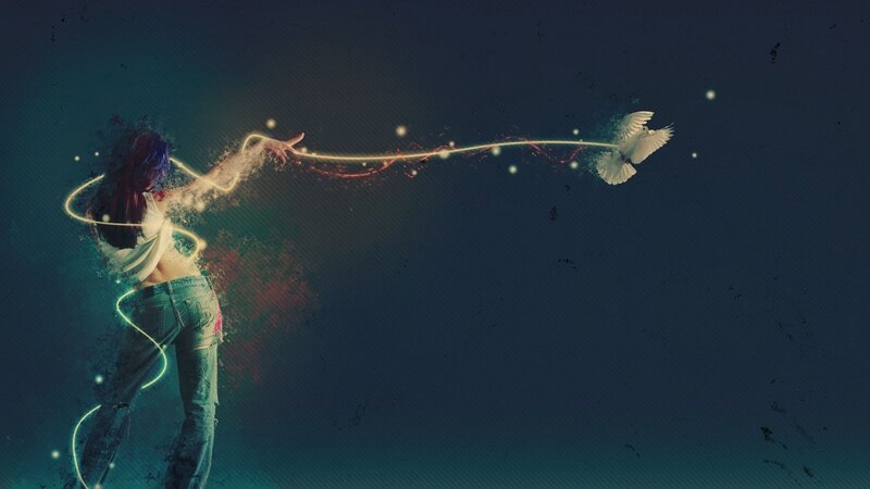 woman releasing light bird