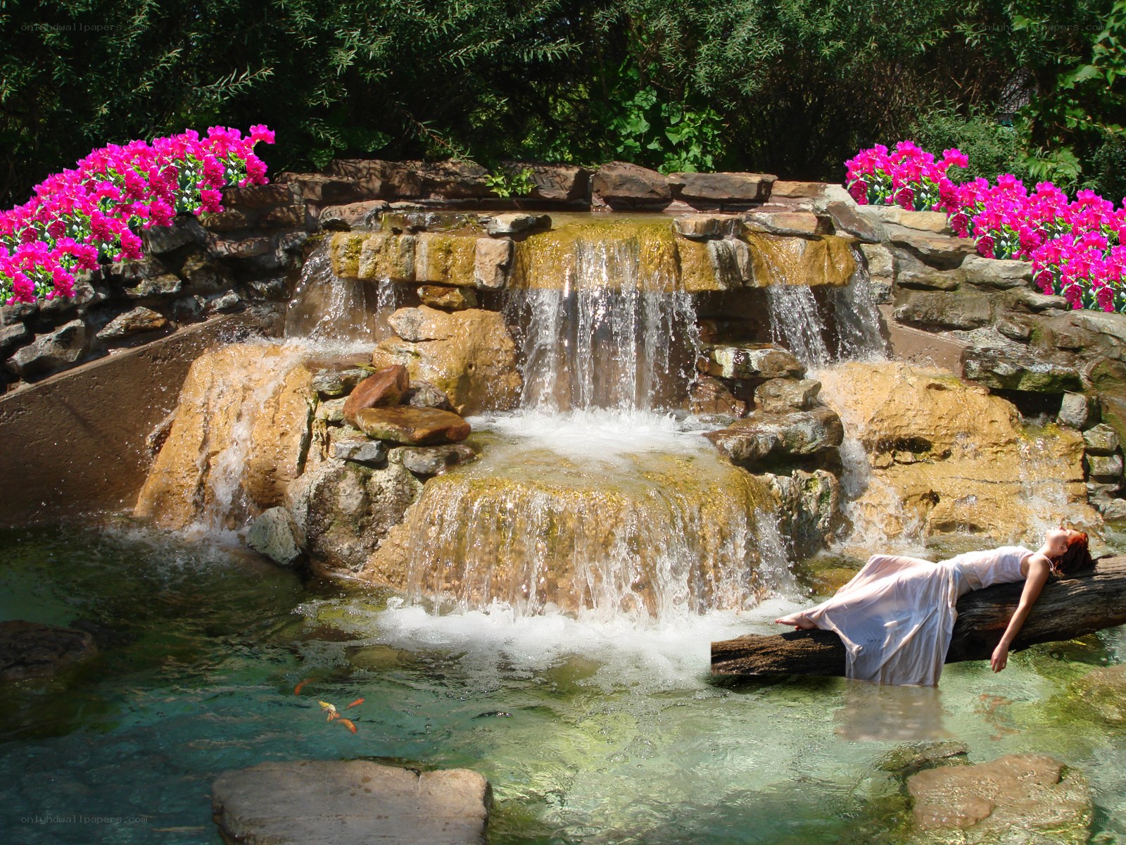 Woman resting by a waterfall