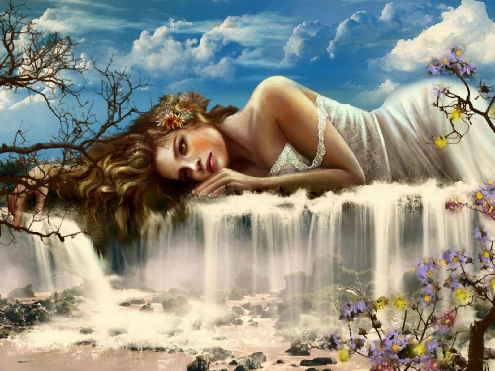 woman resting by waterfall