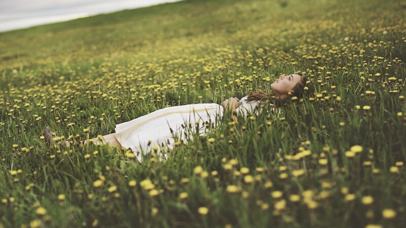 Woman resting in a field of dandelions