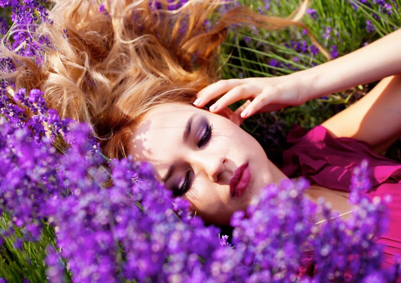 Woman resting in lavender field