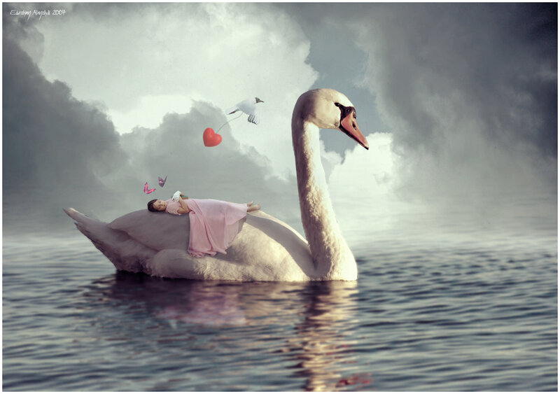 woman resting on a swan