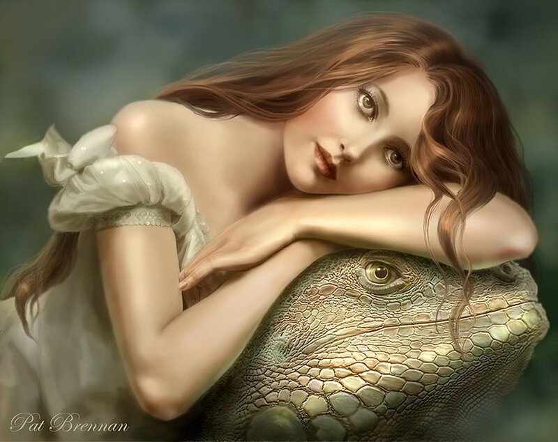 woman resting on lizard