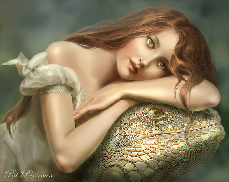 Woman Resting on Lizard — Brown, Serene