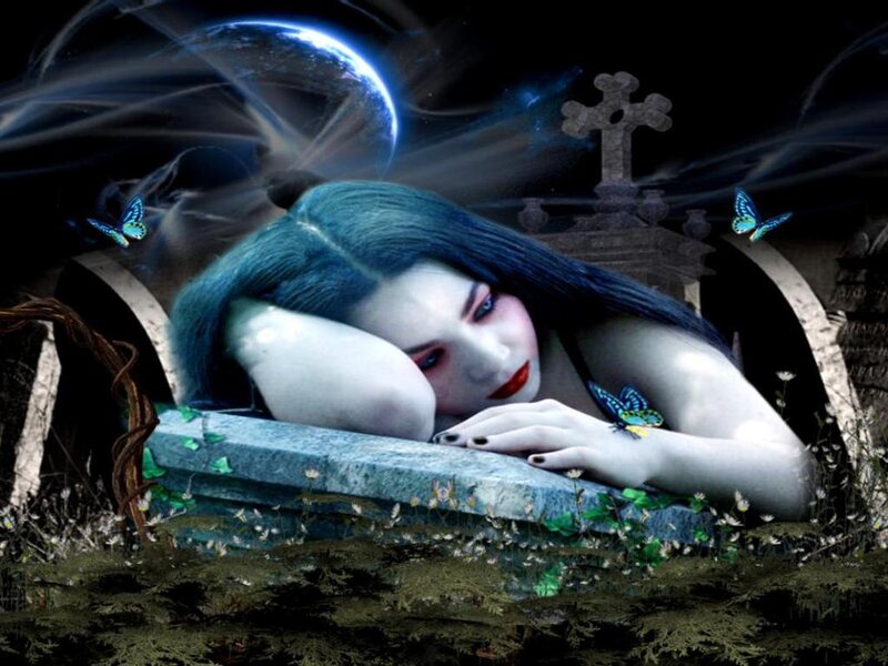 woman resting on tombstone