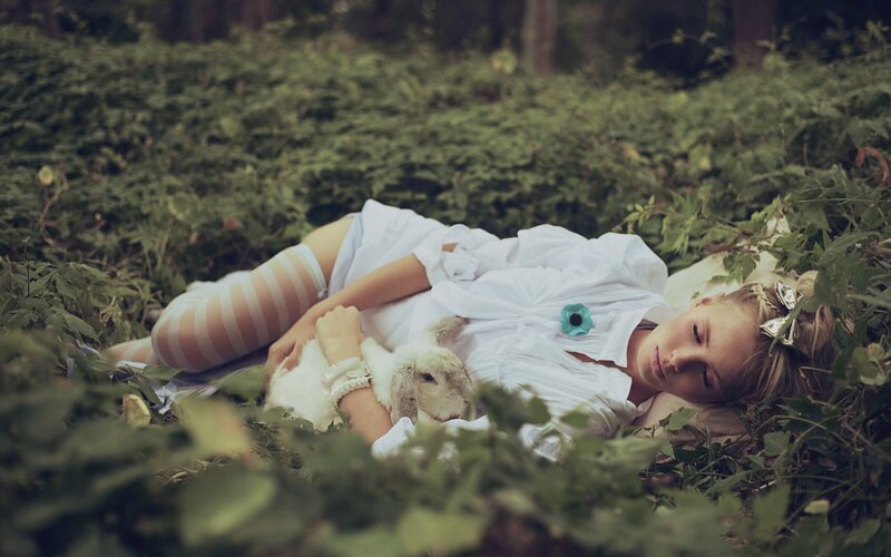 Woman resting with rabbit in forest