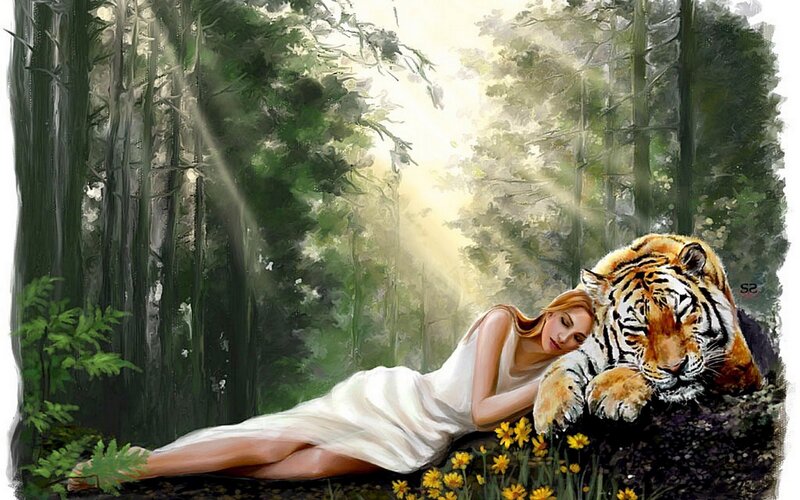 Woman resting with tiger in forest