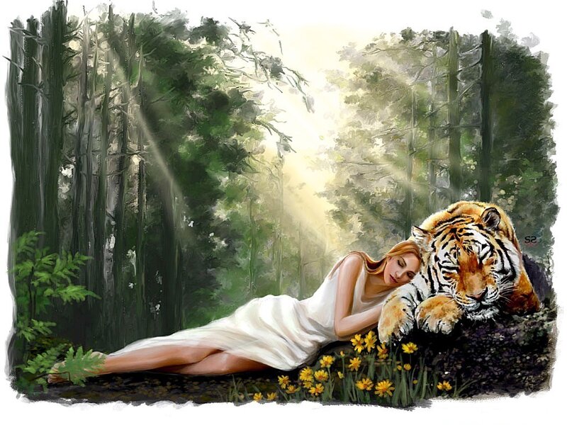 Woman resting with tiger in forest