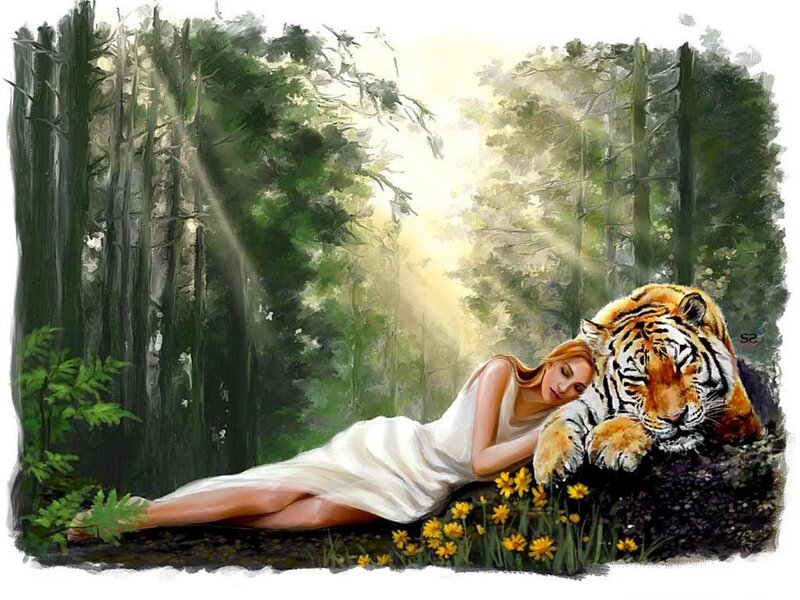 Woman resting with tiger in forest