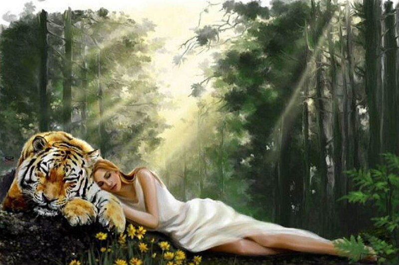 woman resting with tiger