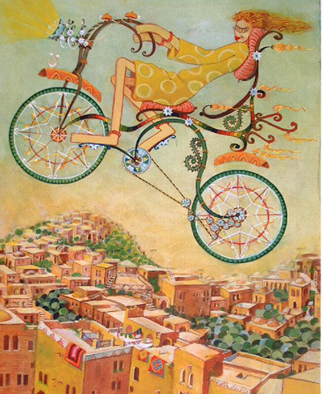 woman riding a bicycle in the sky