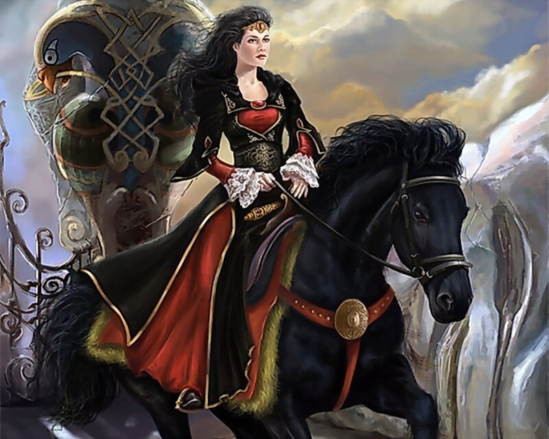 woman riding a black horse